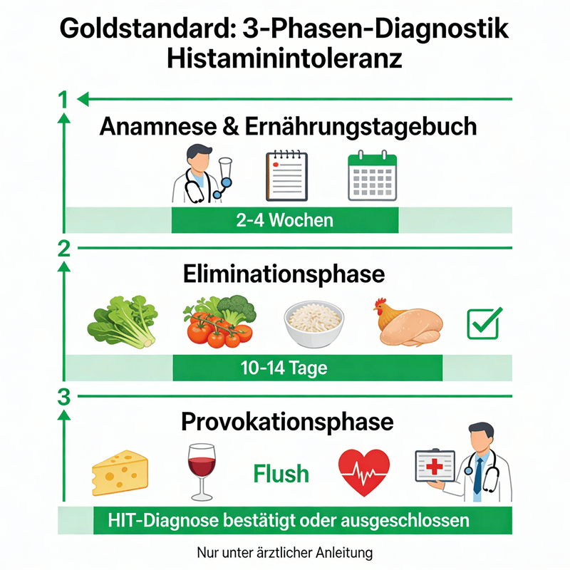 Infografik 3-Phasen-Diagnostik Histaminintoleranz mit Zeitachse
